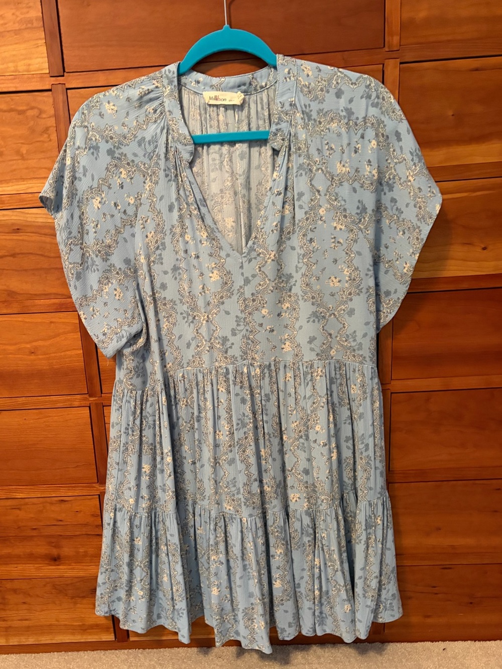 Millibon Pale Blue Floral V-Neck Tiered Dress